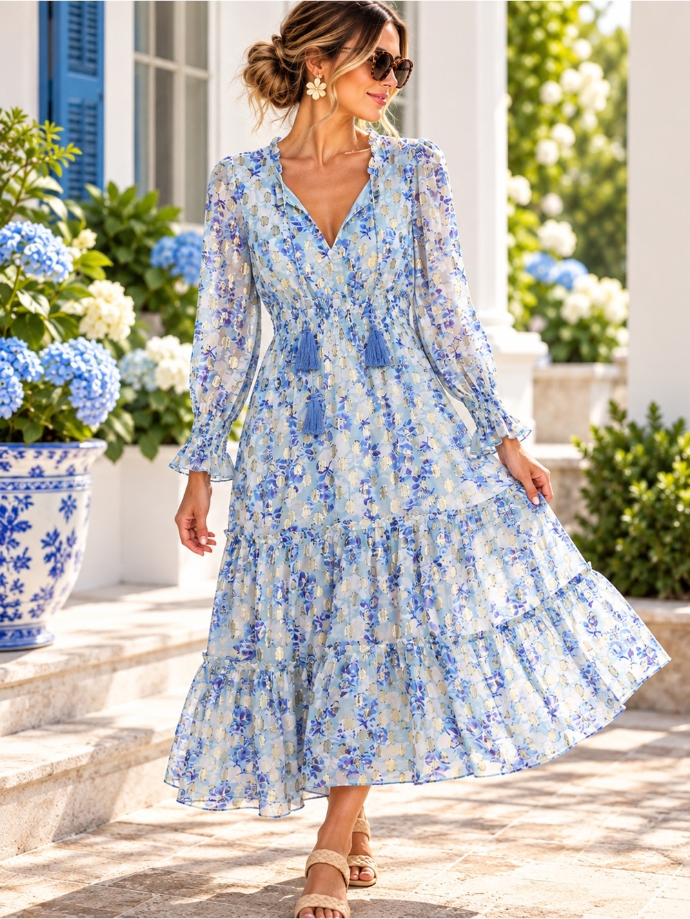 Sail to Sable Blue Floral Metallic Gold Tiered Maxi Dress S old money #628